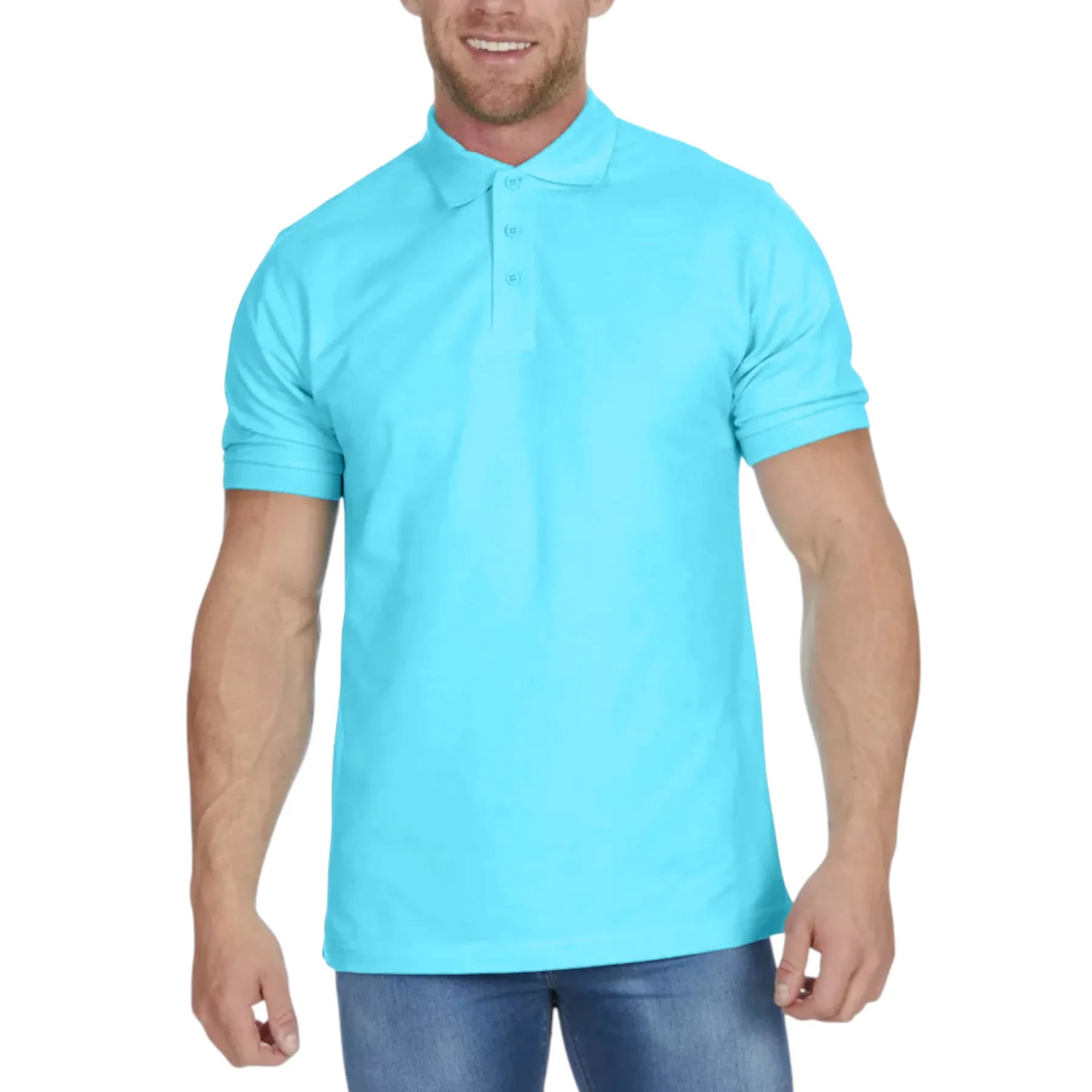 BAKARUDA mens blue cotton polo shirt front view with three-button placket and ribbed collar