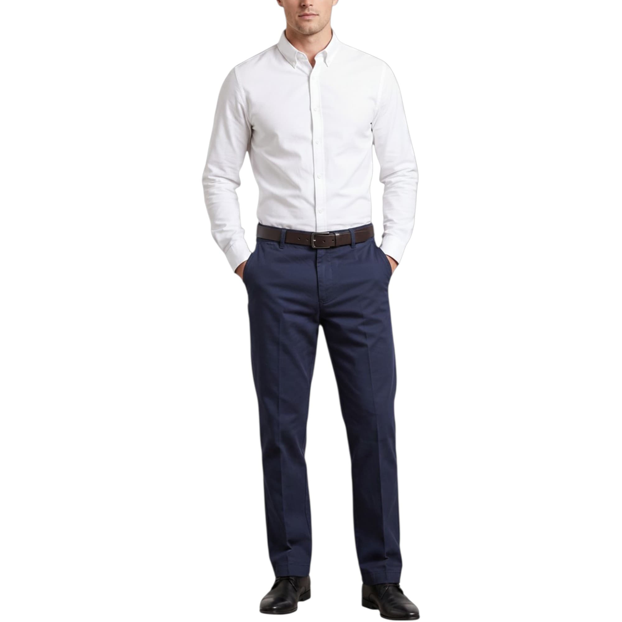 Farah classic navy men's trousers front view with flat front and straight cut