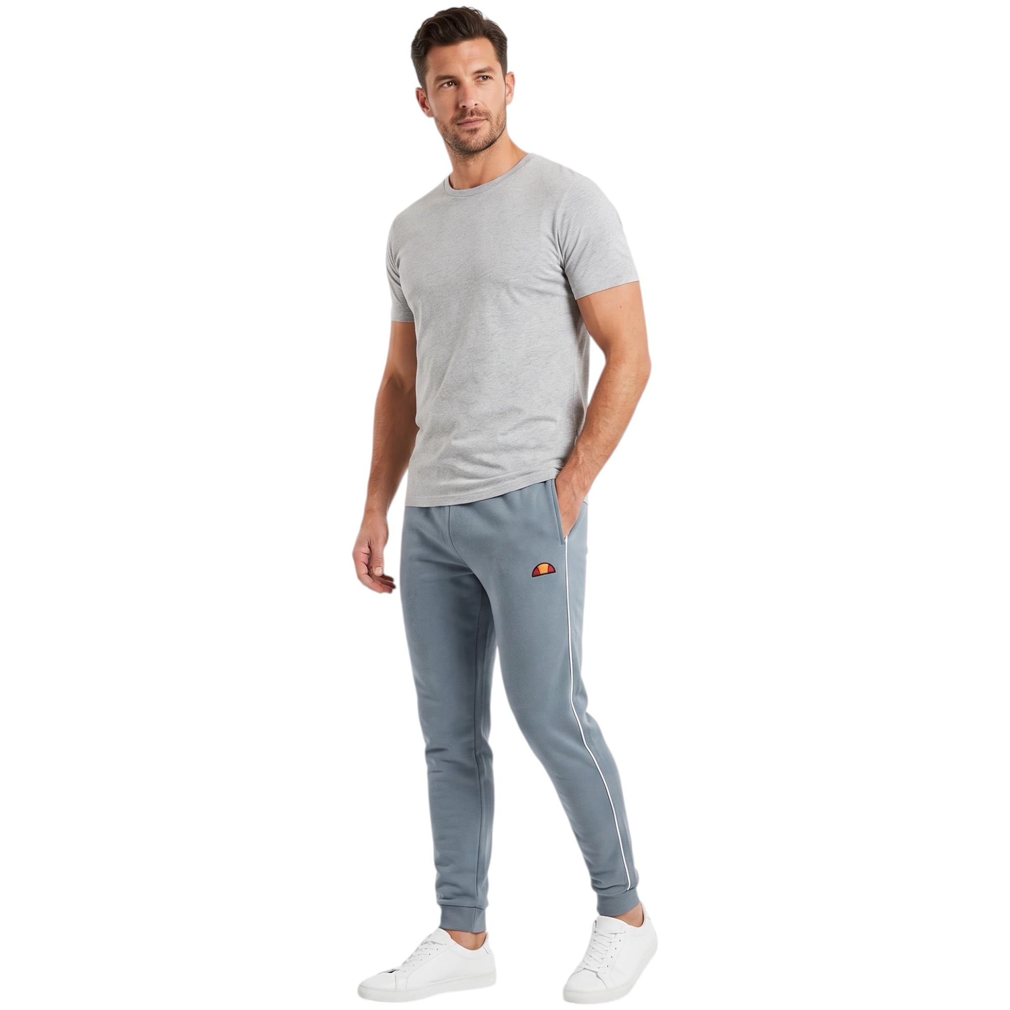 Ellesse mens joggers in light blue, front view showing logo branding and slim leg fit