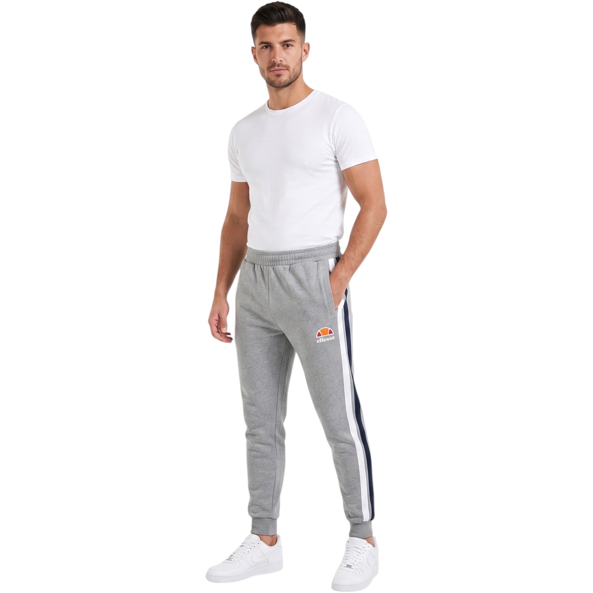 Ellesse grey men's joggers front view with logo branding