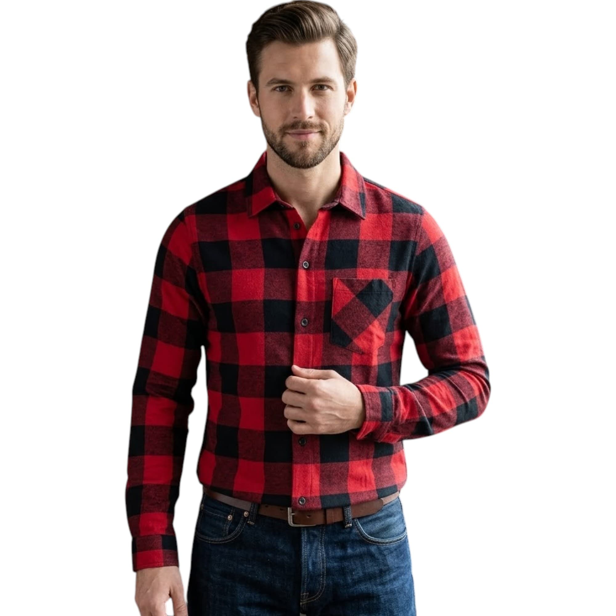 Euroclips men's red and black check long sleeve shirt, front view