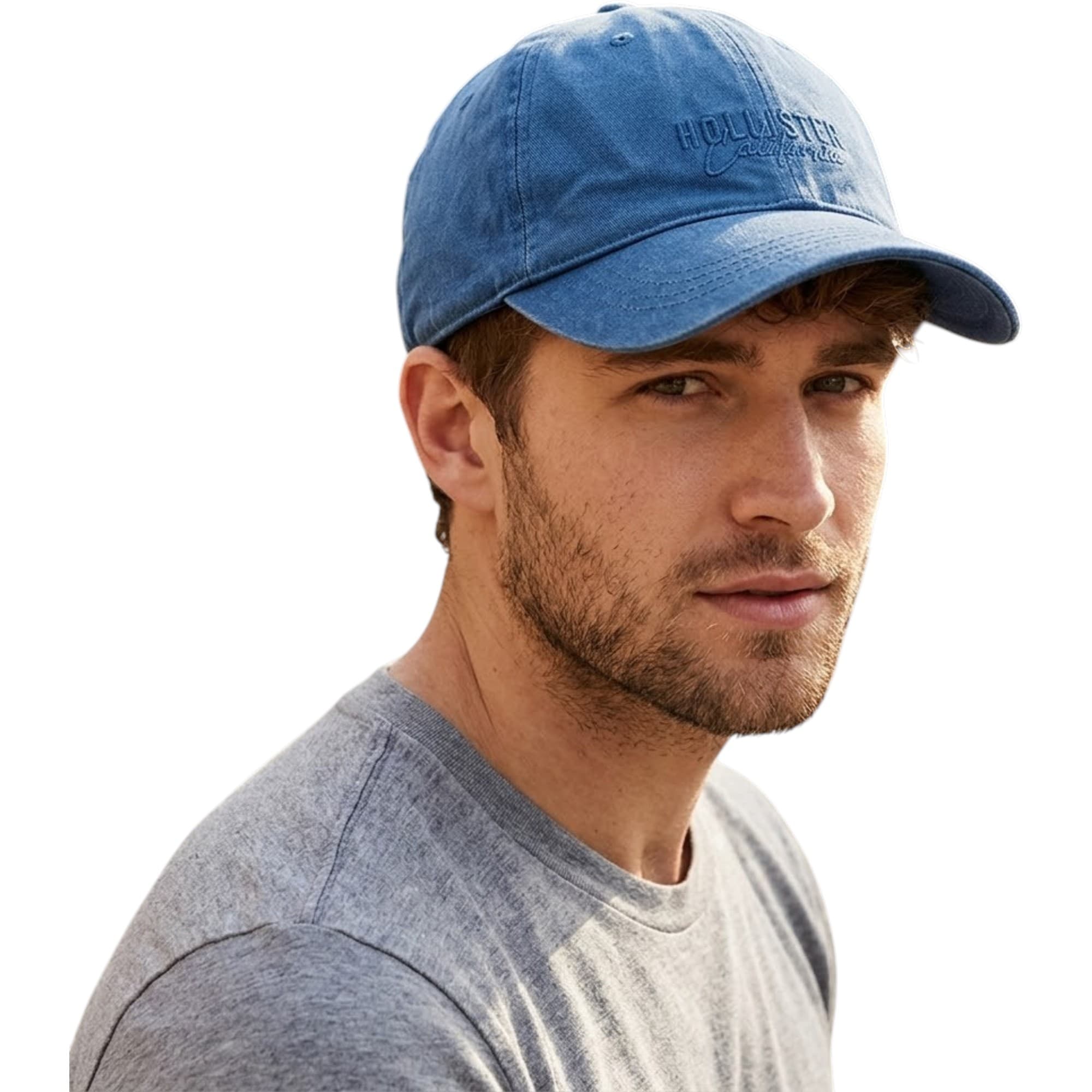 Hollister men's dark blue cotton baseball cap with embroidered logo front view