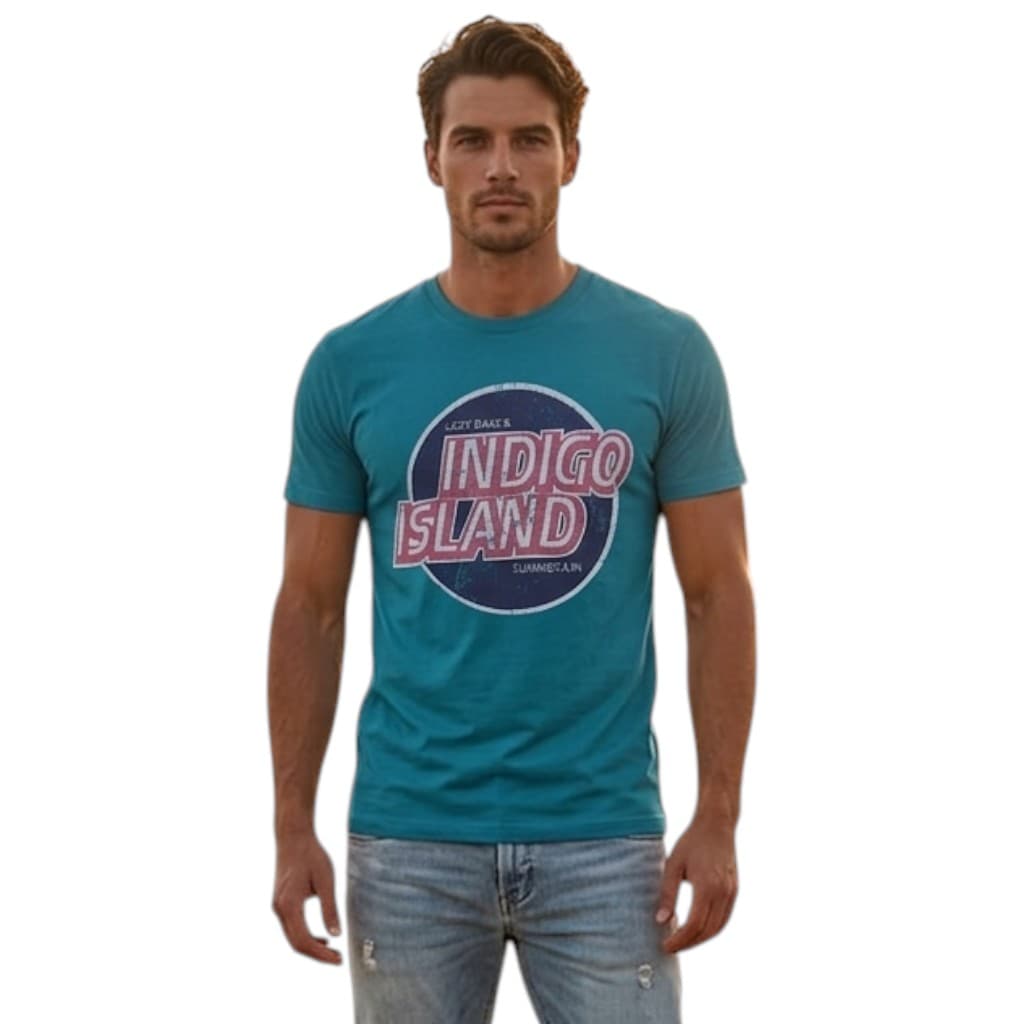 House Brand men's till blue crew neck t-shirt front view with ribbed neckline
