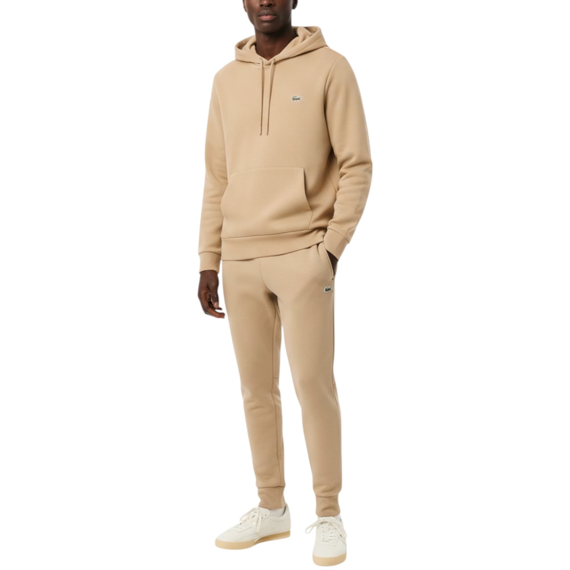 Lacoste mens beige tracksuit hoodie and joggers front view