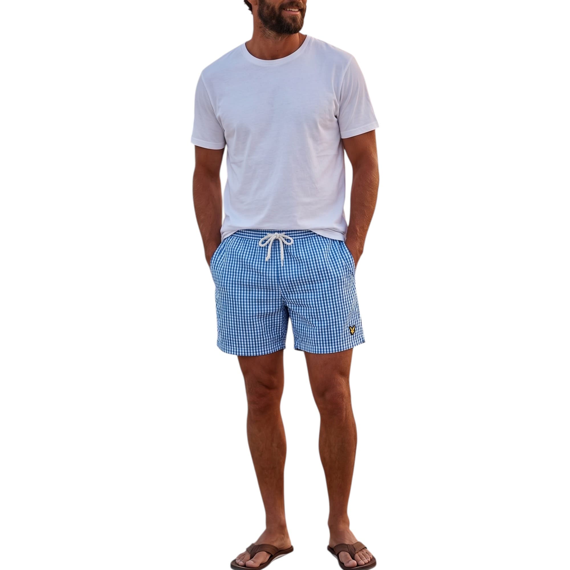 Lyle & Scott men's swim shorts in grey and black stripe, front view with elasticated waist