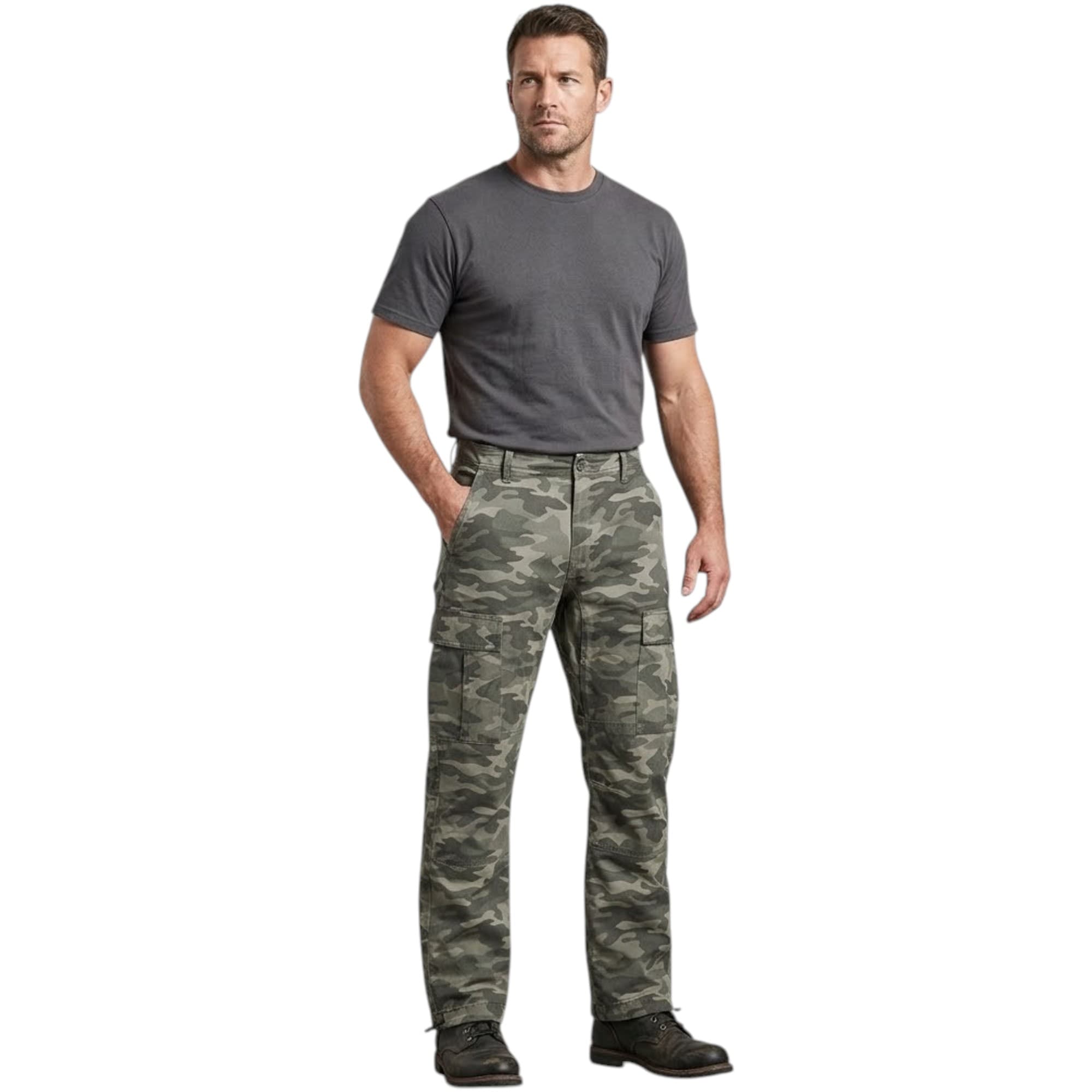 No Boundaries men's camouflage cargo trousers, front view, tapered straight fit