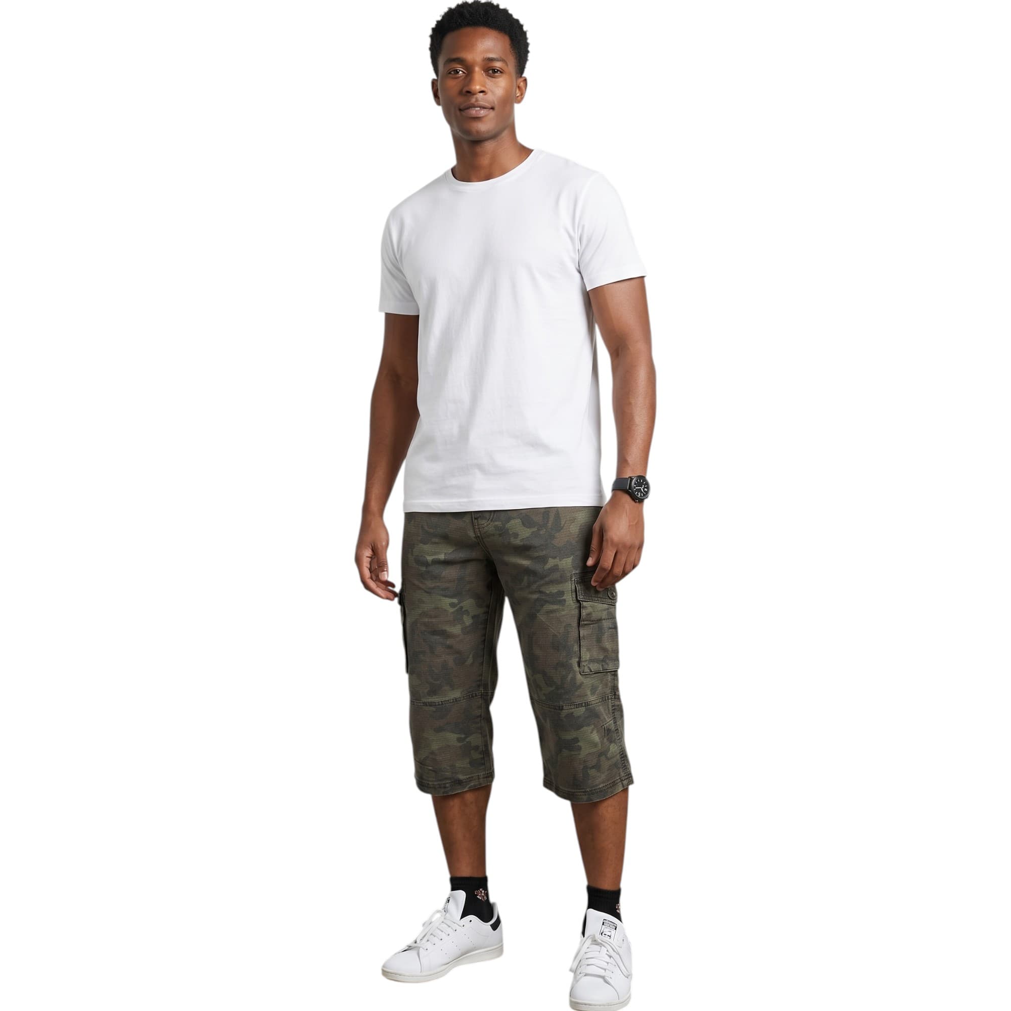 Cargo mens light olive 3/4 cargo shorts front view
