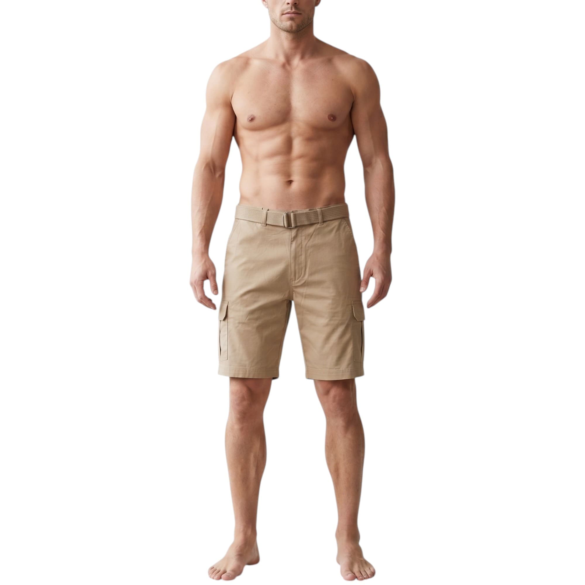 BYN DYNASTY beige men's cargo shorts front view with relaxed fit