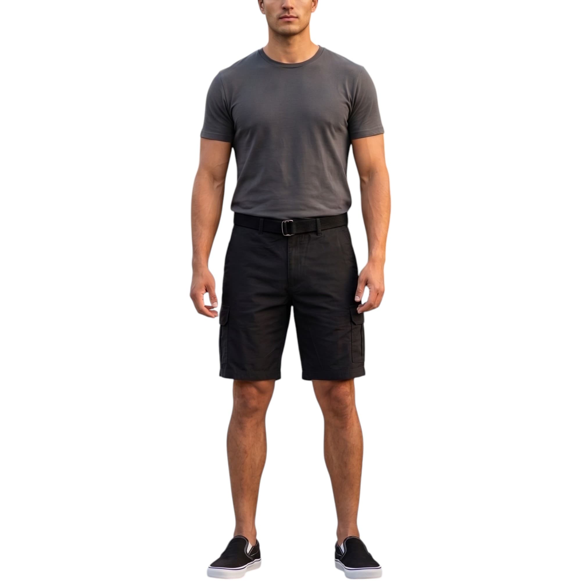 BYN DYNASTY black mens cargo shorts front view with tech pockets