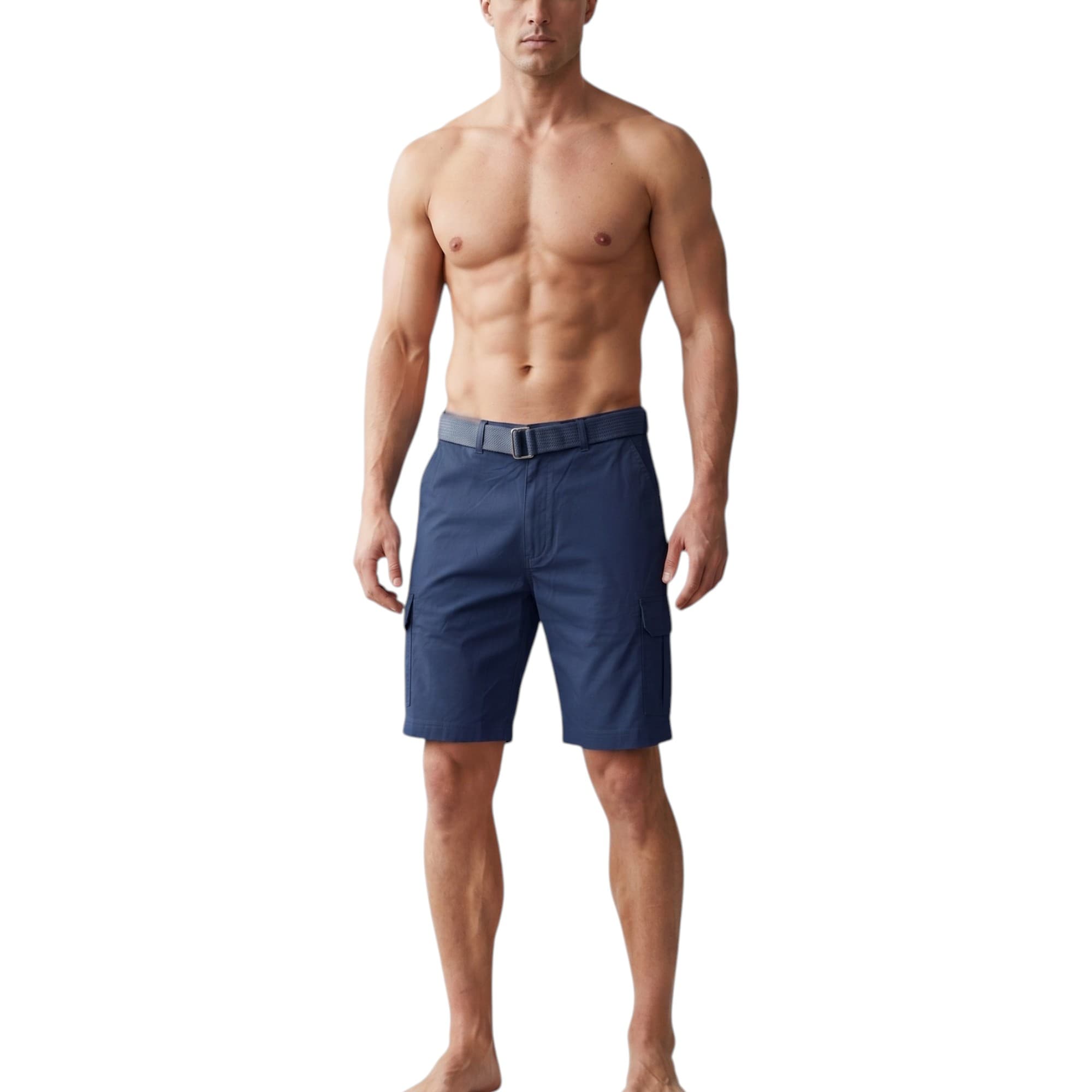 BYN DYNASTY navy cargo shorts front view with relaxed fit