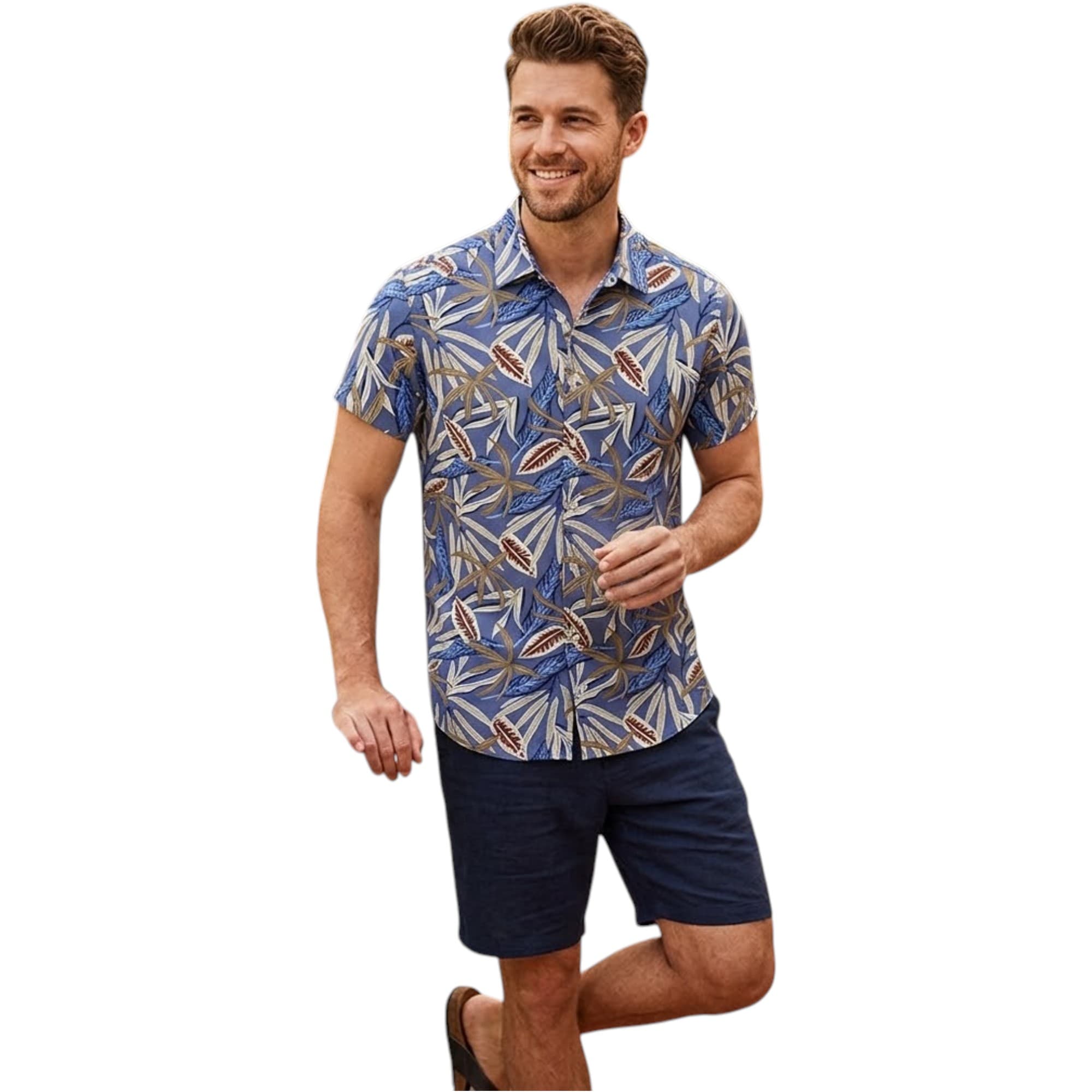Adytta men's Hawaiian shirt in blue marron leaf print, front view