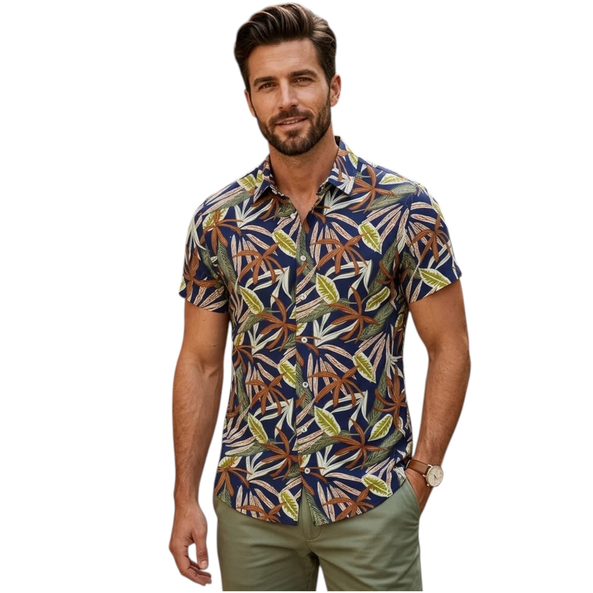 Adytta Men's Hawaiian Shirt front view in navy with olive leaf print