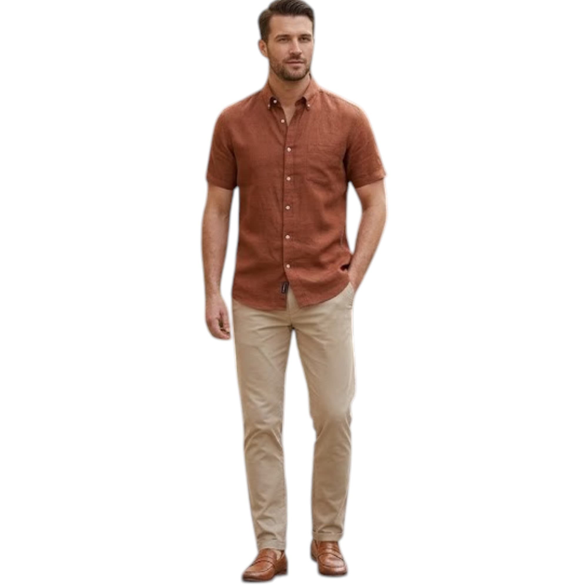 Springfield men's brown plain cotton short sleeve casual shirt front view