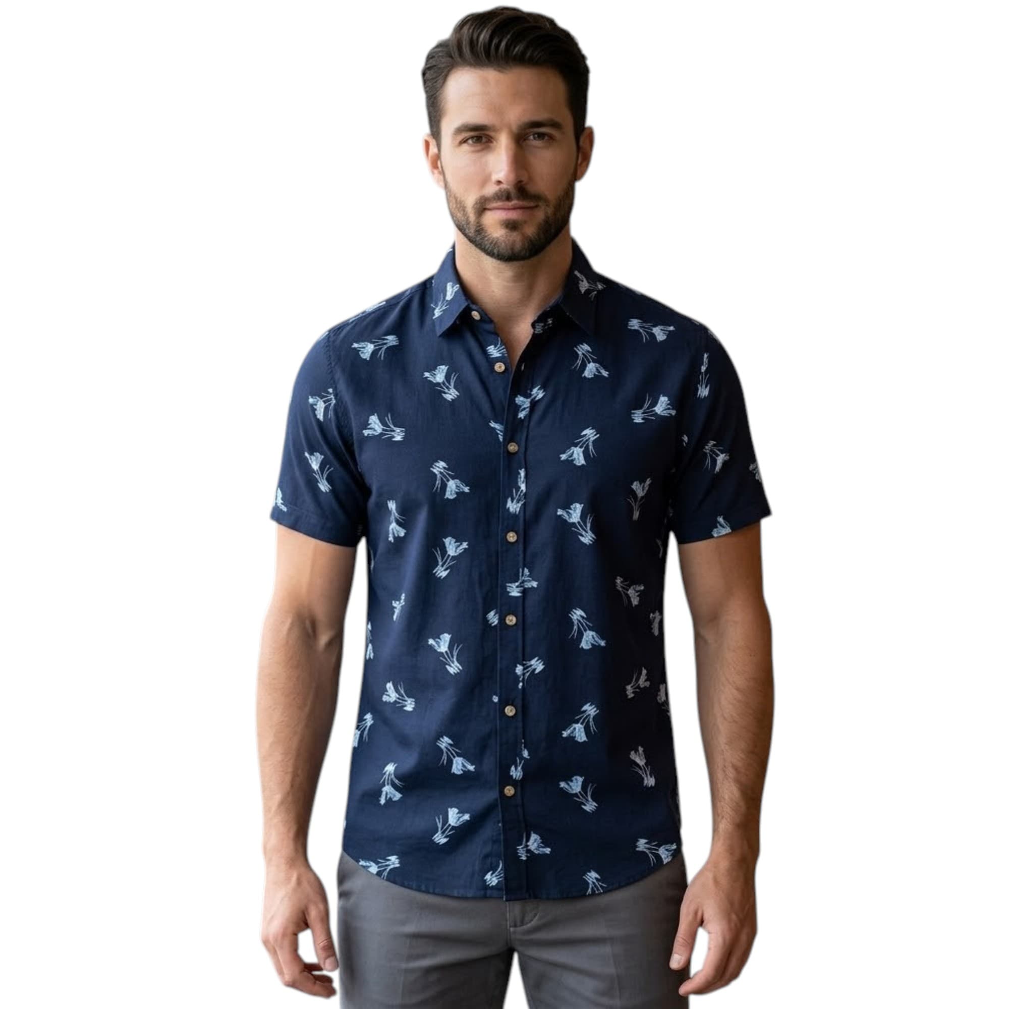 Adytta men's navy Hawaiian shirt with floral print, front view, regular fit