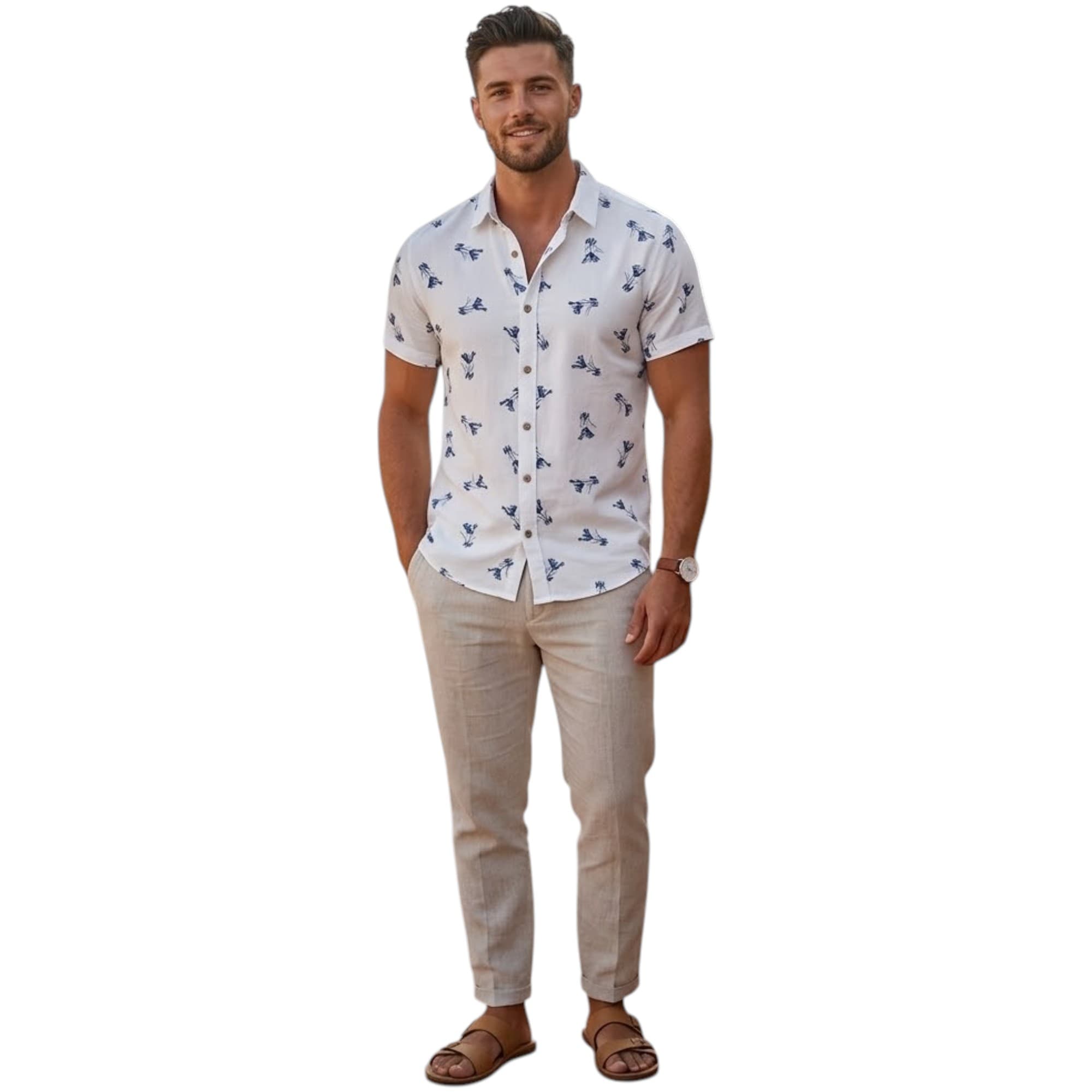 Adytta men's white Hawaiian shirt with flower print, front view, regular fit