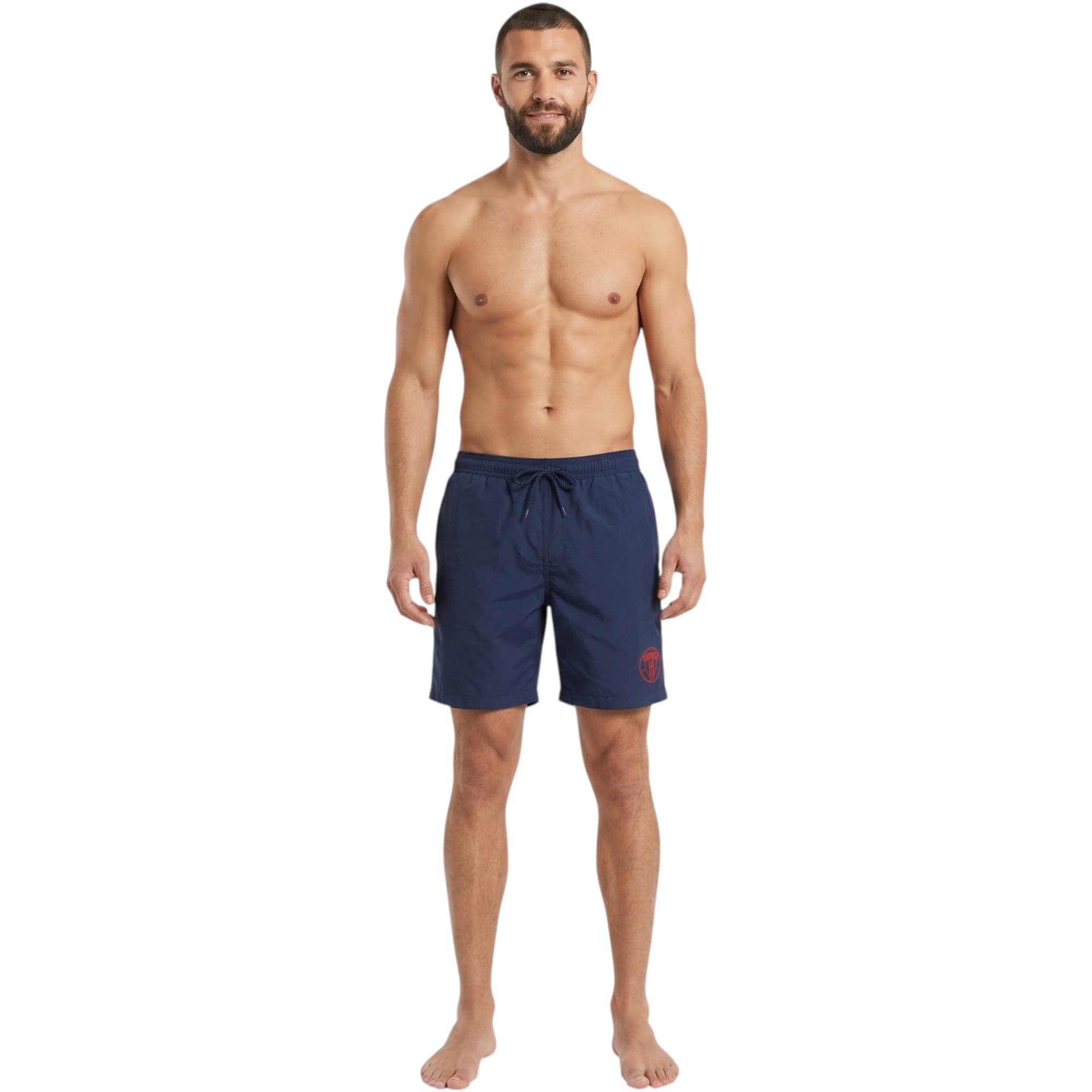 Tissaia men's navy swimming board shorts with elasticated waistband, front view