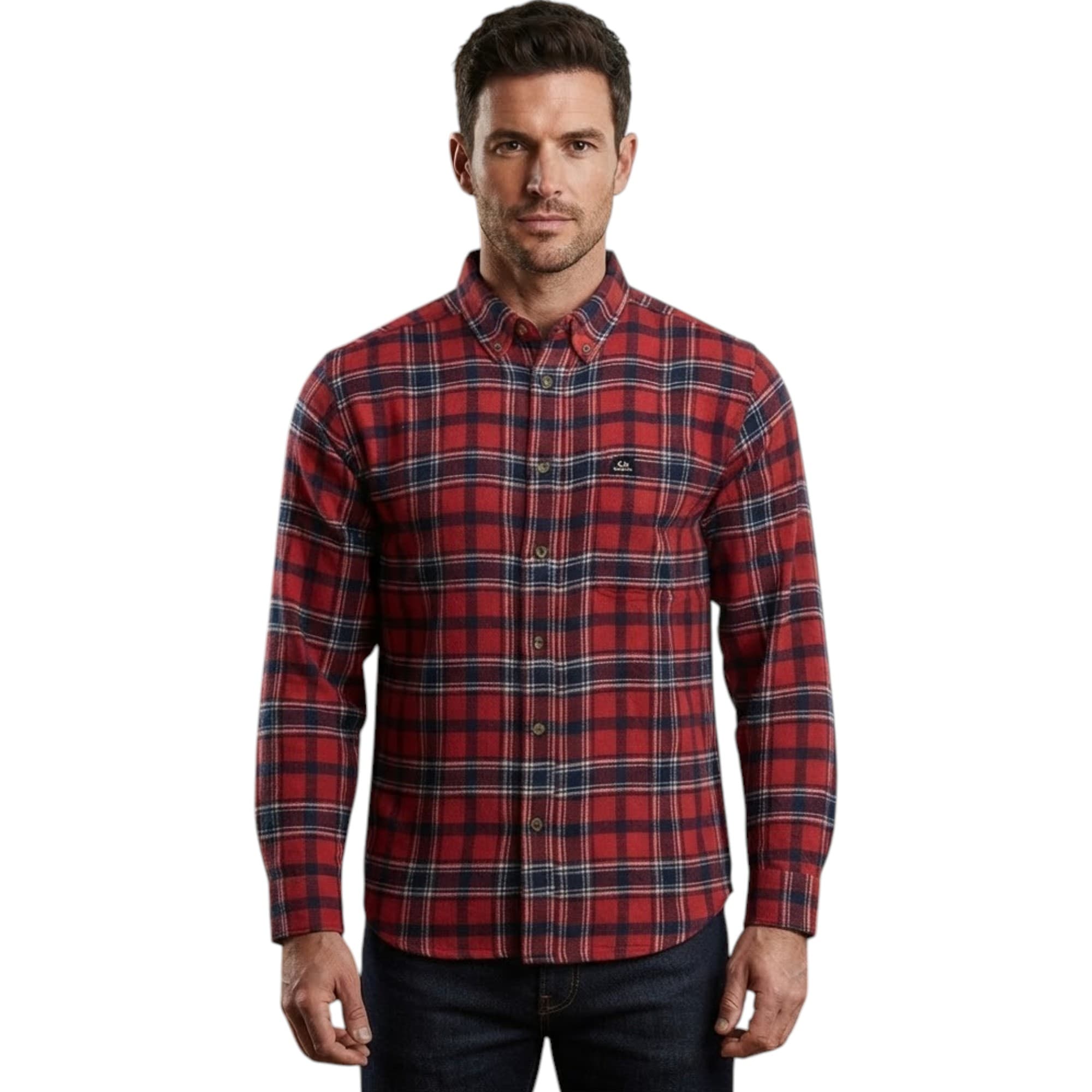 Realtree men's red and blue flannel check shirt, front view