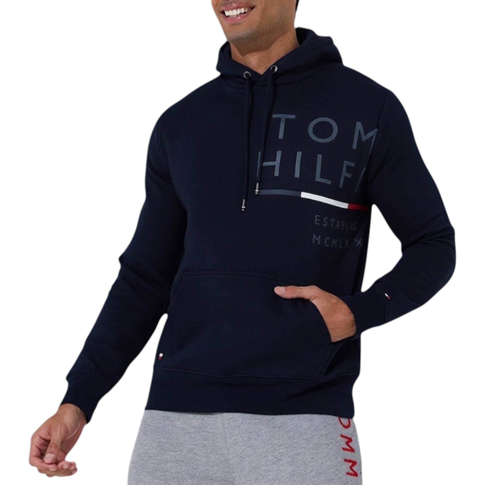 Tommy Hilfiger navy fleece hoodie with wraparound logo front view