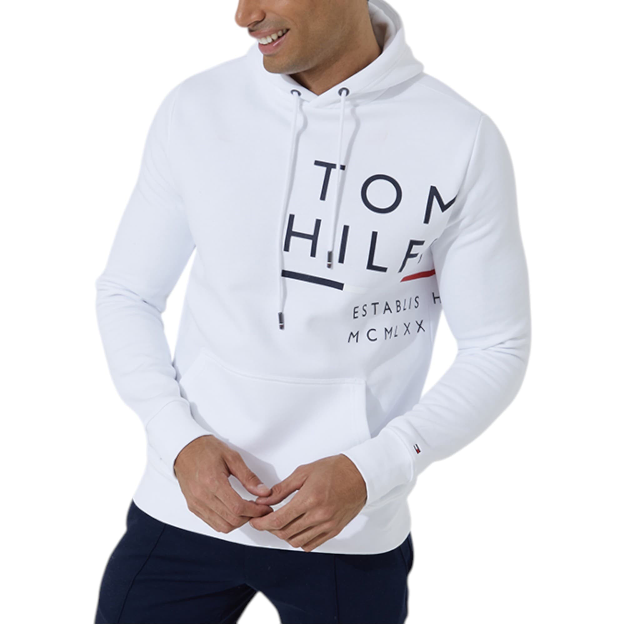 Tommy Hilfiger white fleece hoodie with wraparound logo front view