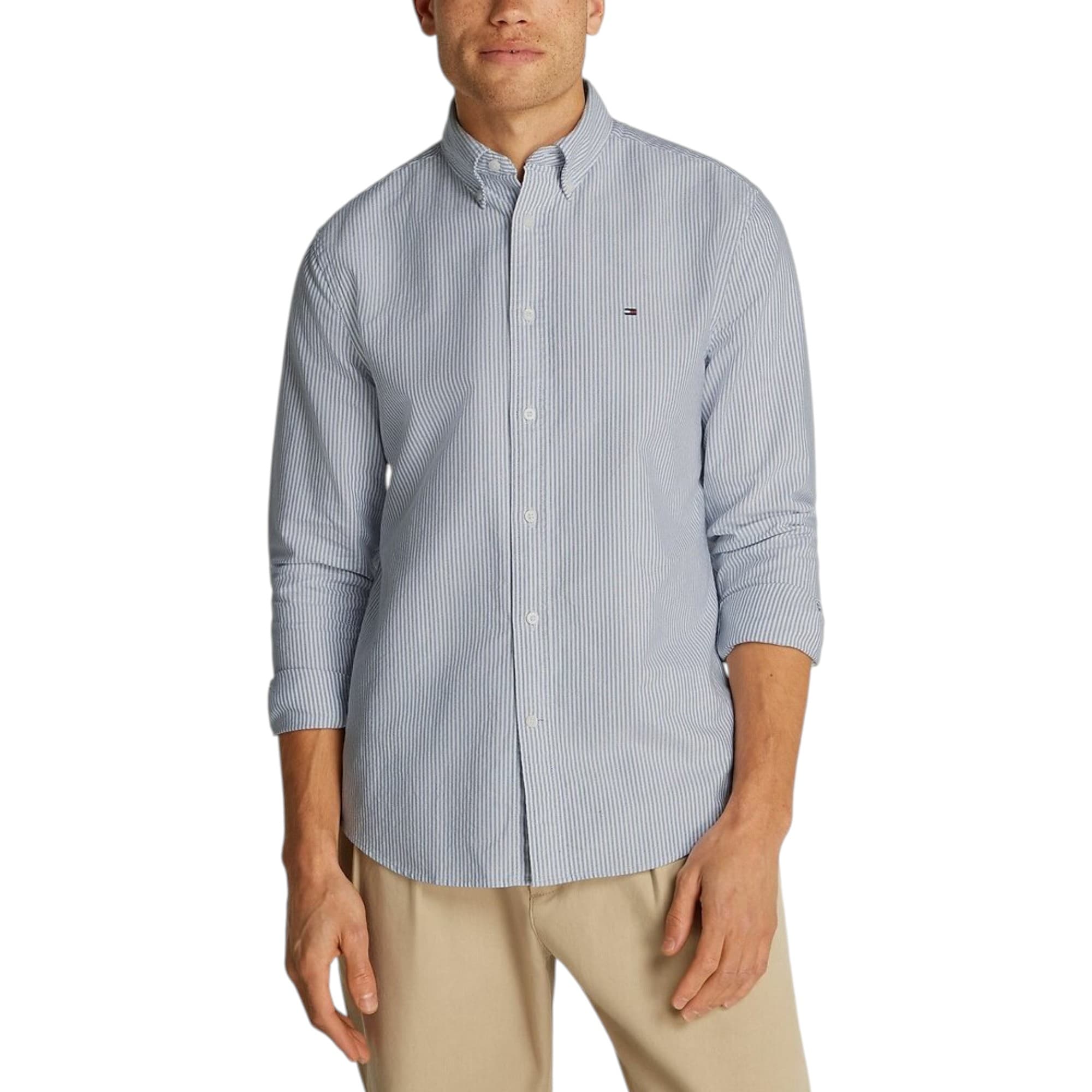 Tommy Hilfiger black Oxford shirt with embroidered flag logo and button-down collar, front view