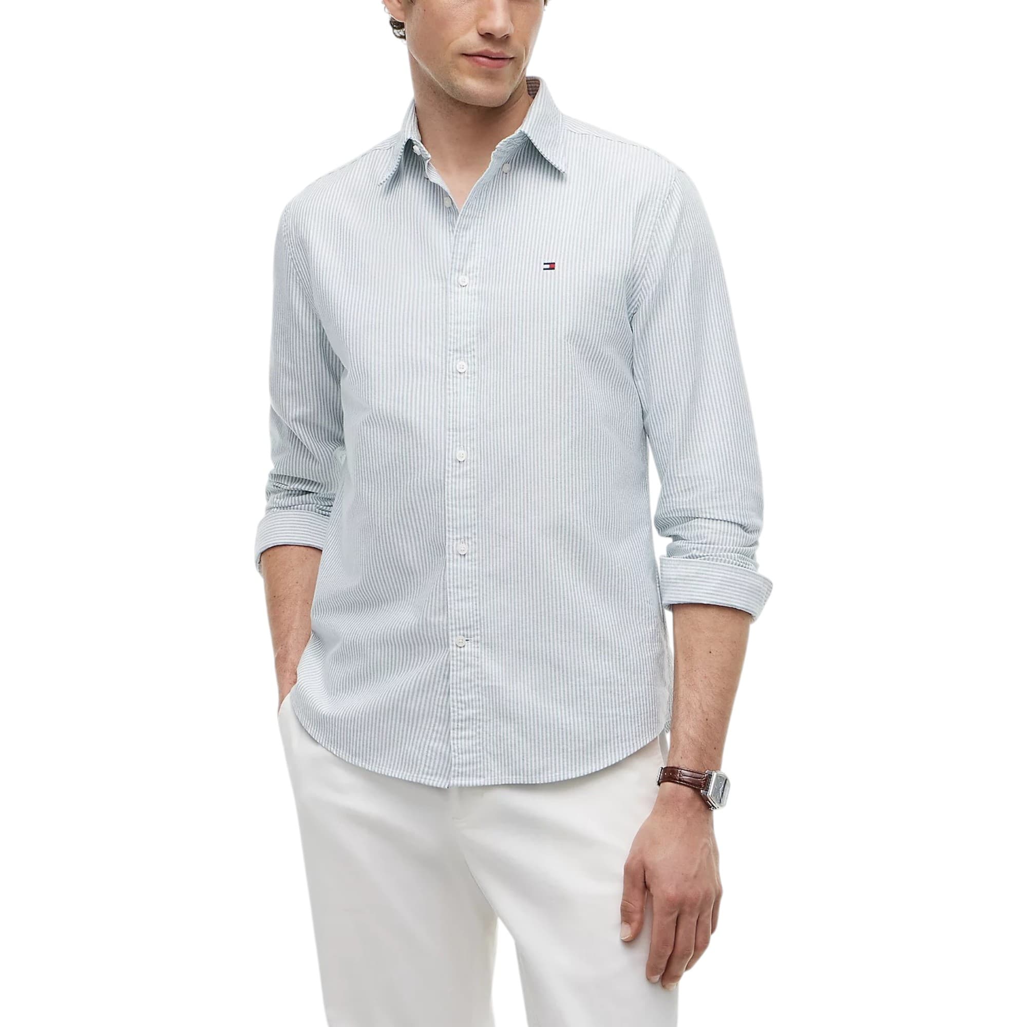 Tommy Hilfiger mens TH Flex Oxford stripe shirt in faint green with embroidered flag logo