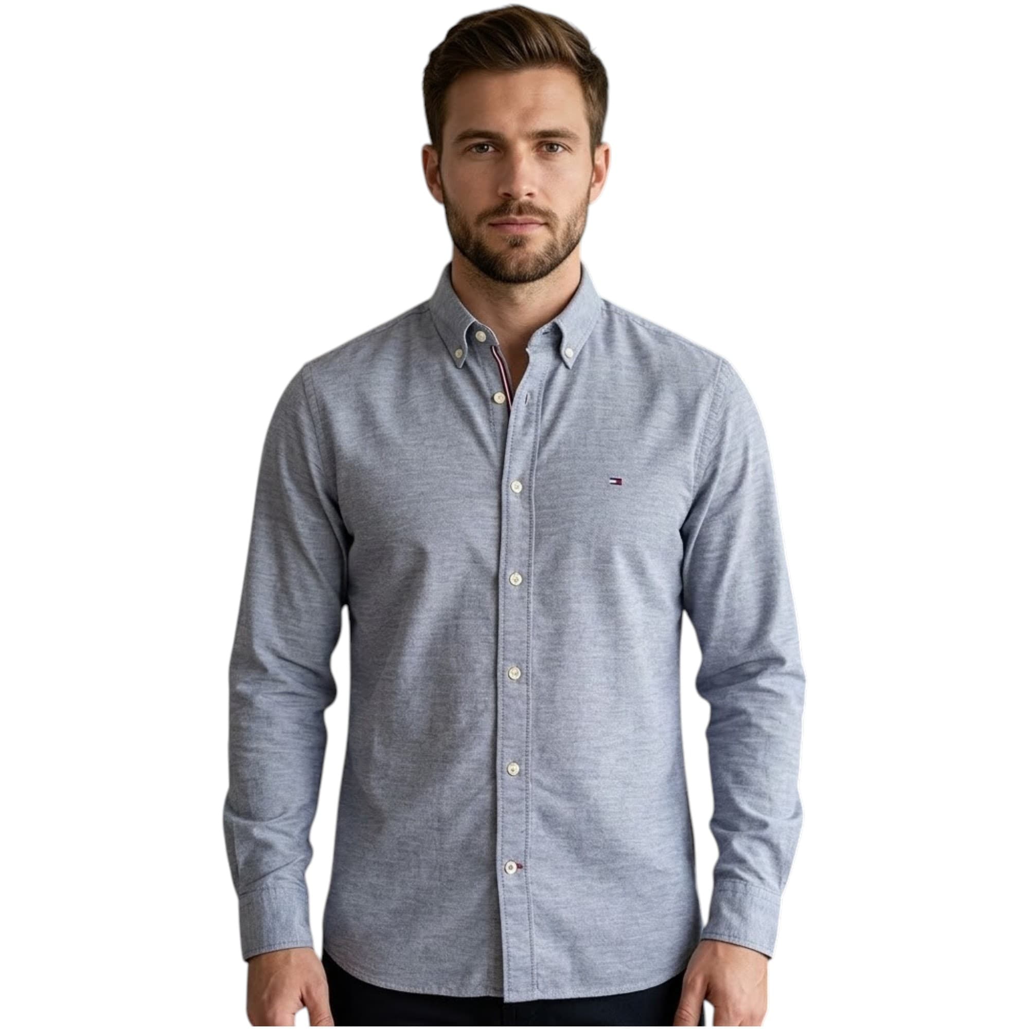 Tommy Hilfiger grey formal shirt front view with embroidered logo