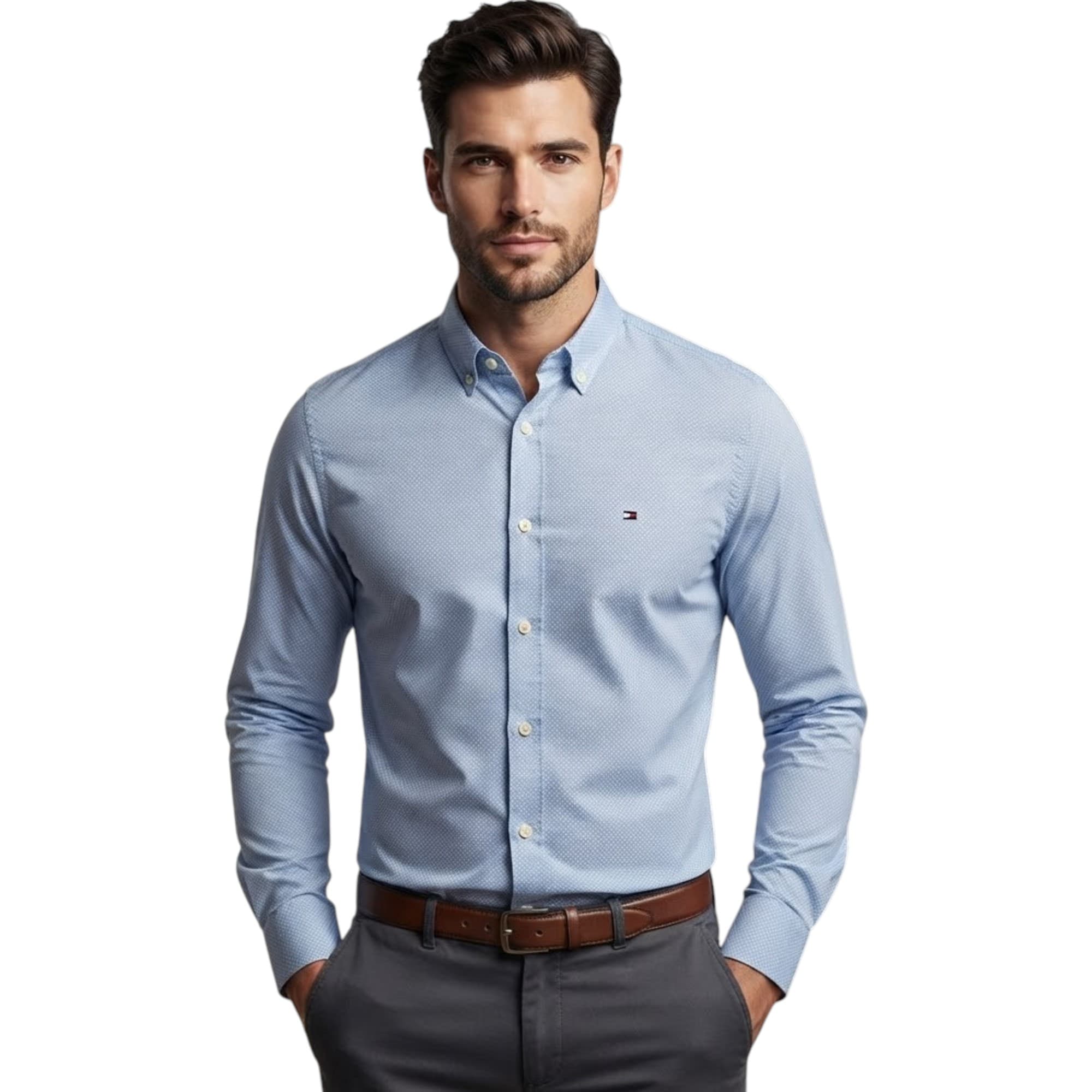 Tommy Hilfiger men's formal shirt in sky blue pattern, front view with embroidered chest logo