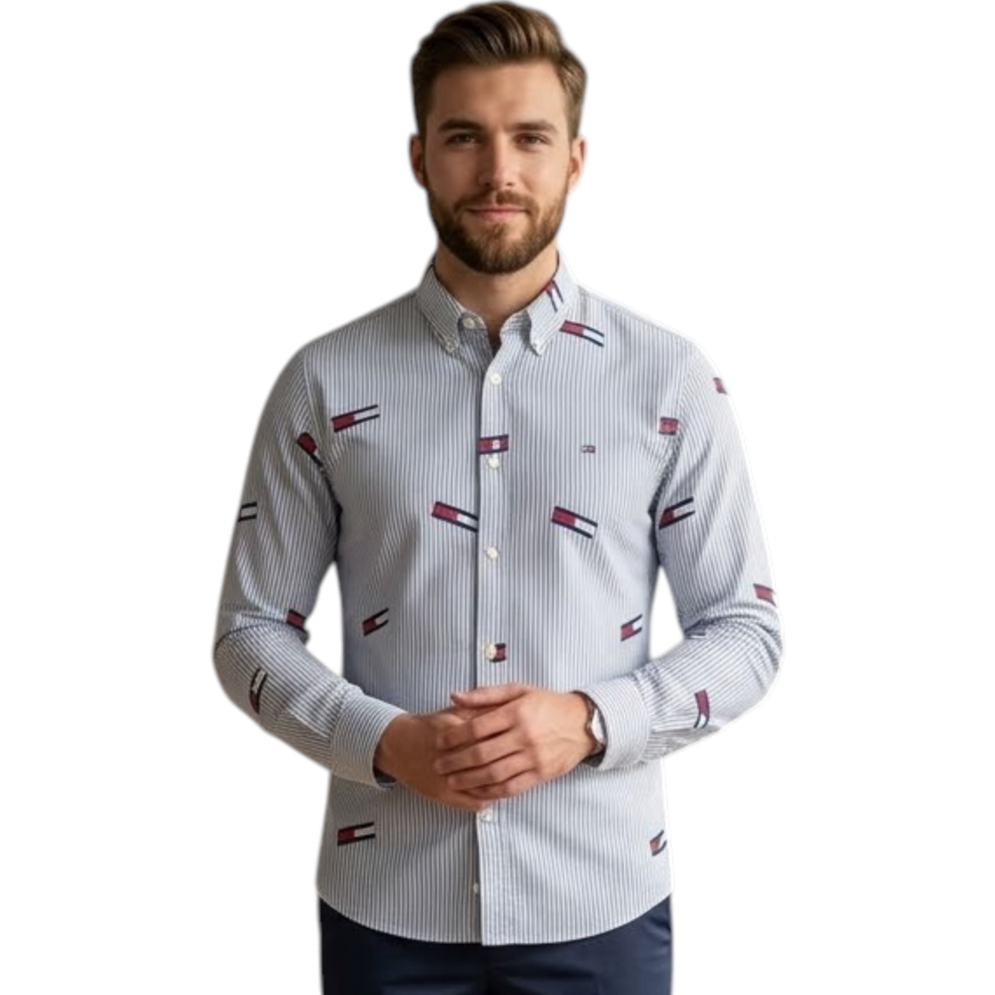 Tommy Hilfiger white stripe formal men's shirt front view