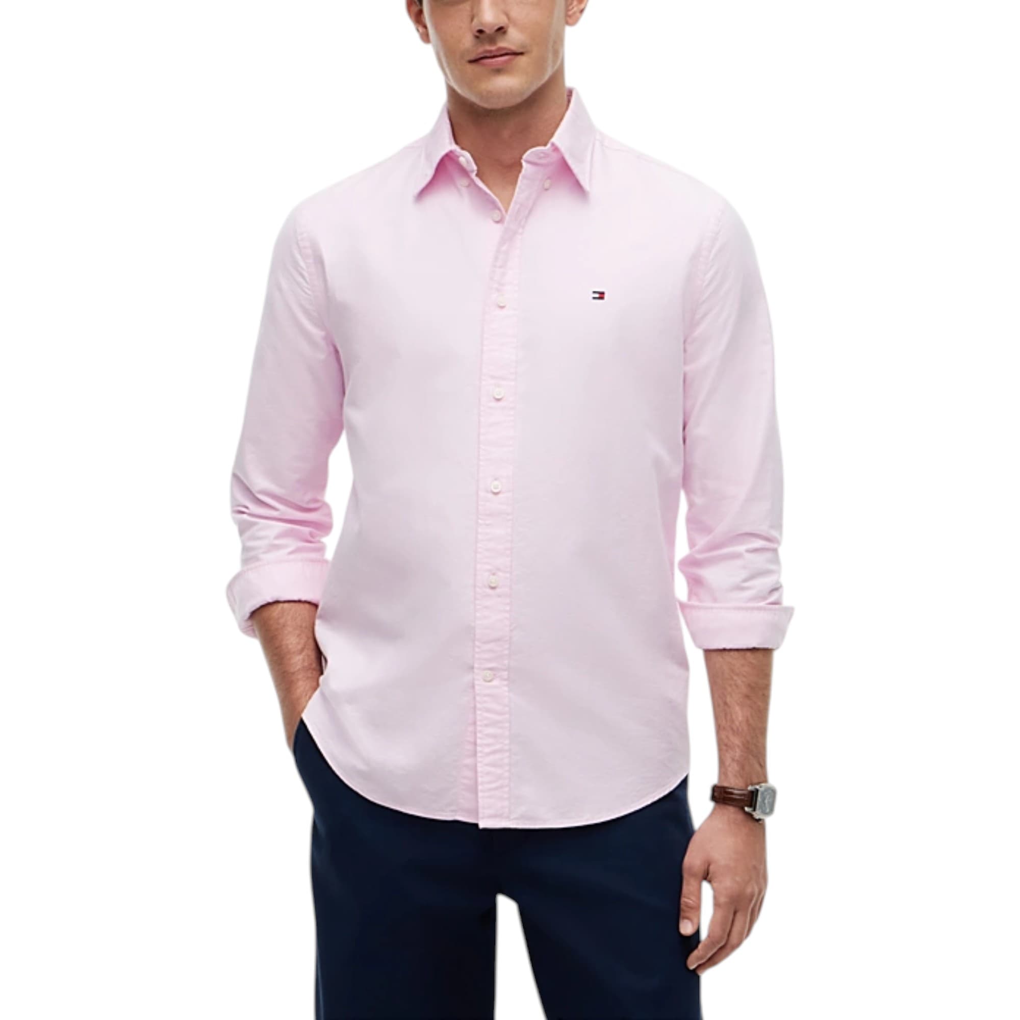 Tommy Hilfiger light pink Oxford shirt, front view with embroidered flag logo