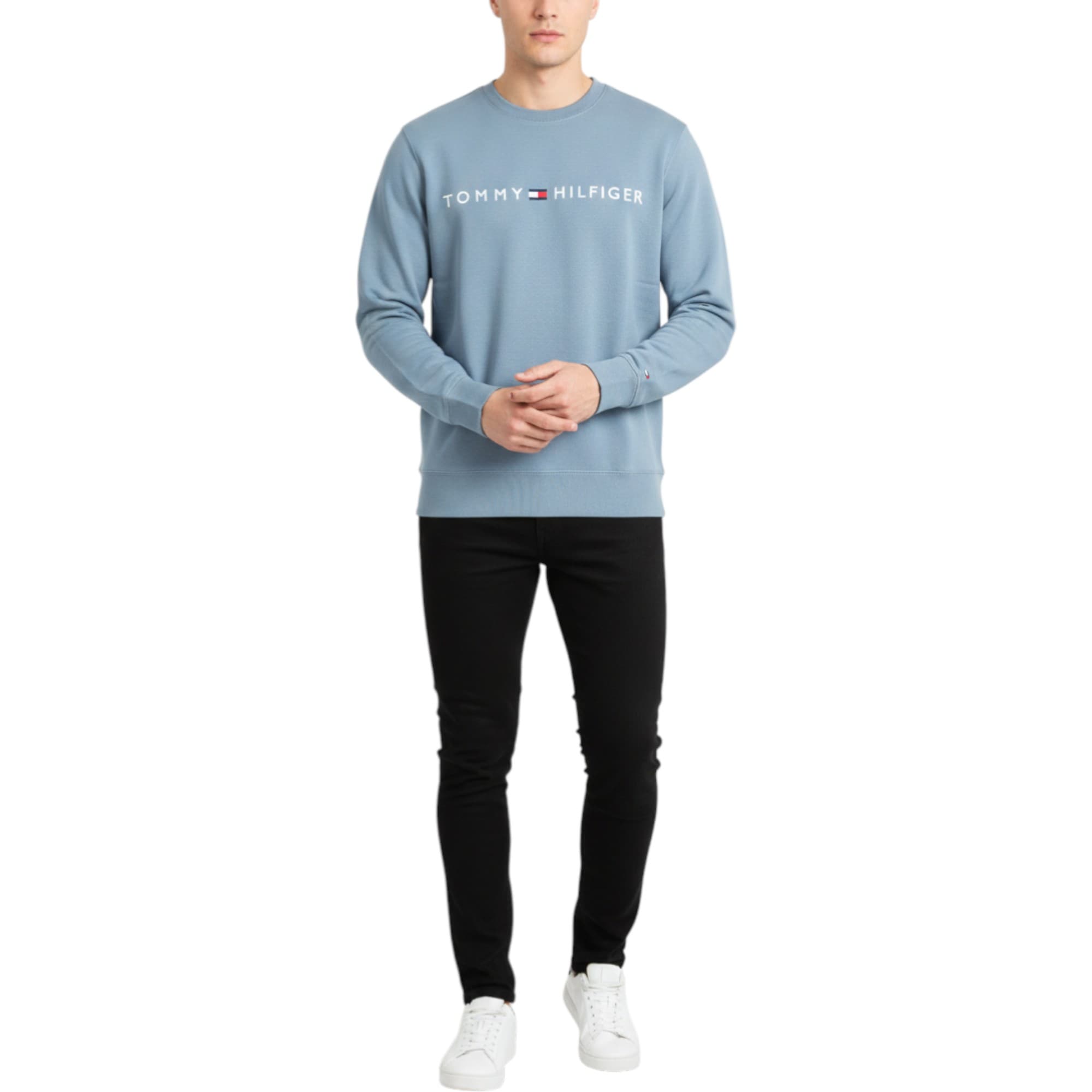 Tommy Hilfiger blue mens sweatshirt with crew neck and chest logo embroidery, front view