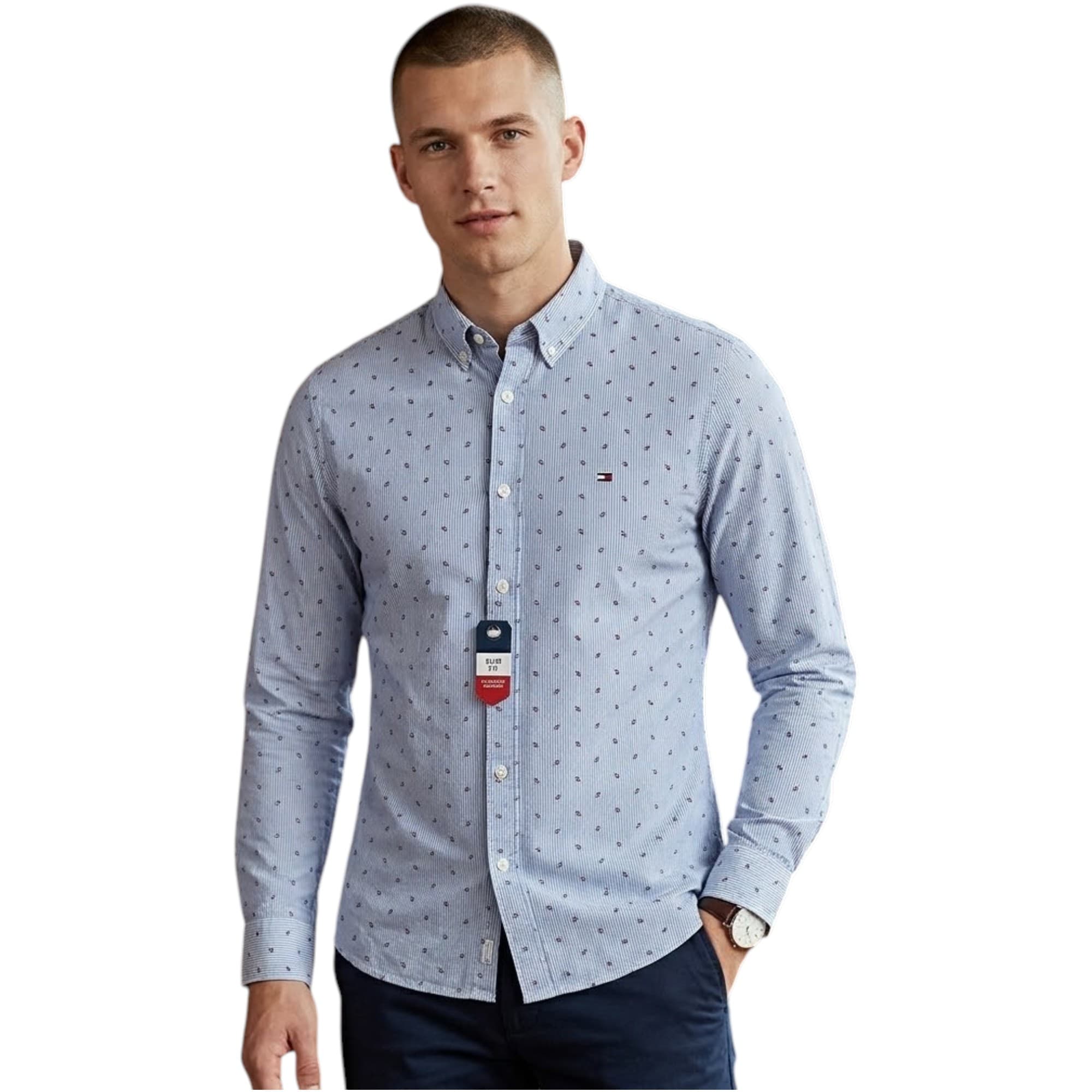 Tommy Jeans men's Oxford shirt front view, navy with white line stripe, slim fit
