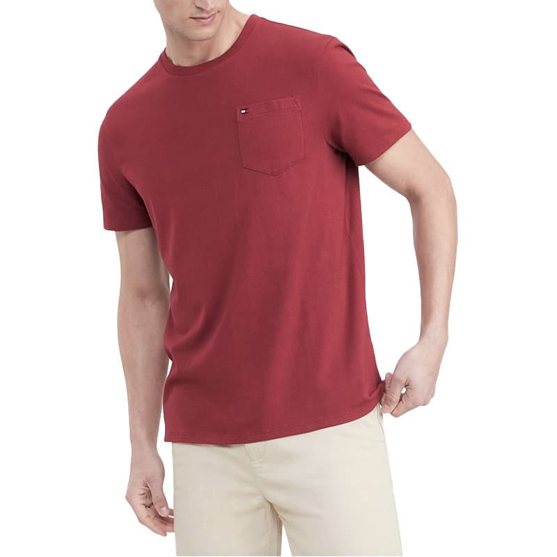 Tommy Hilfiger burgundy men's t-shirt front view with embroidered flag logo