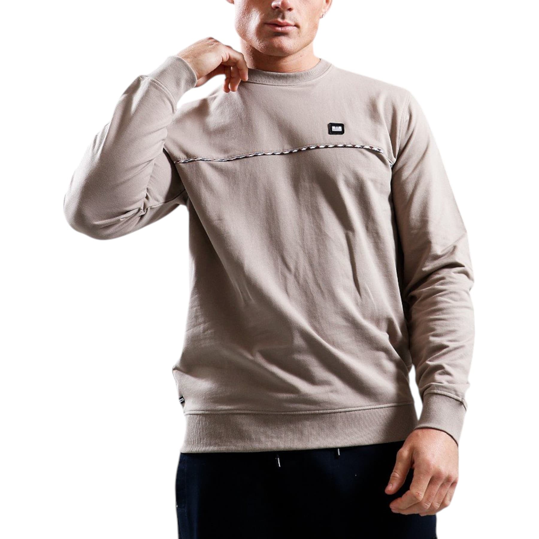Weekend Offender Cordoba beige cotton sweatshirt front view with chest check inserts