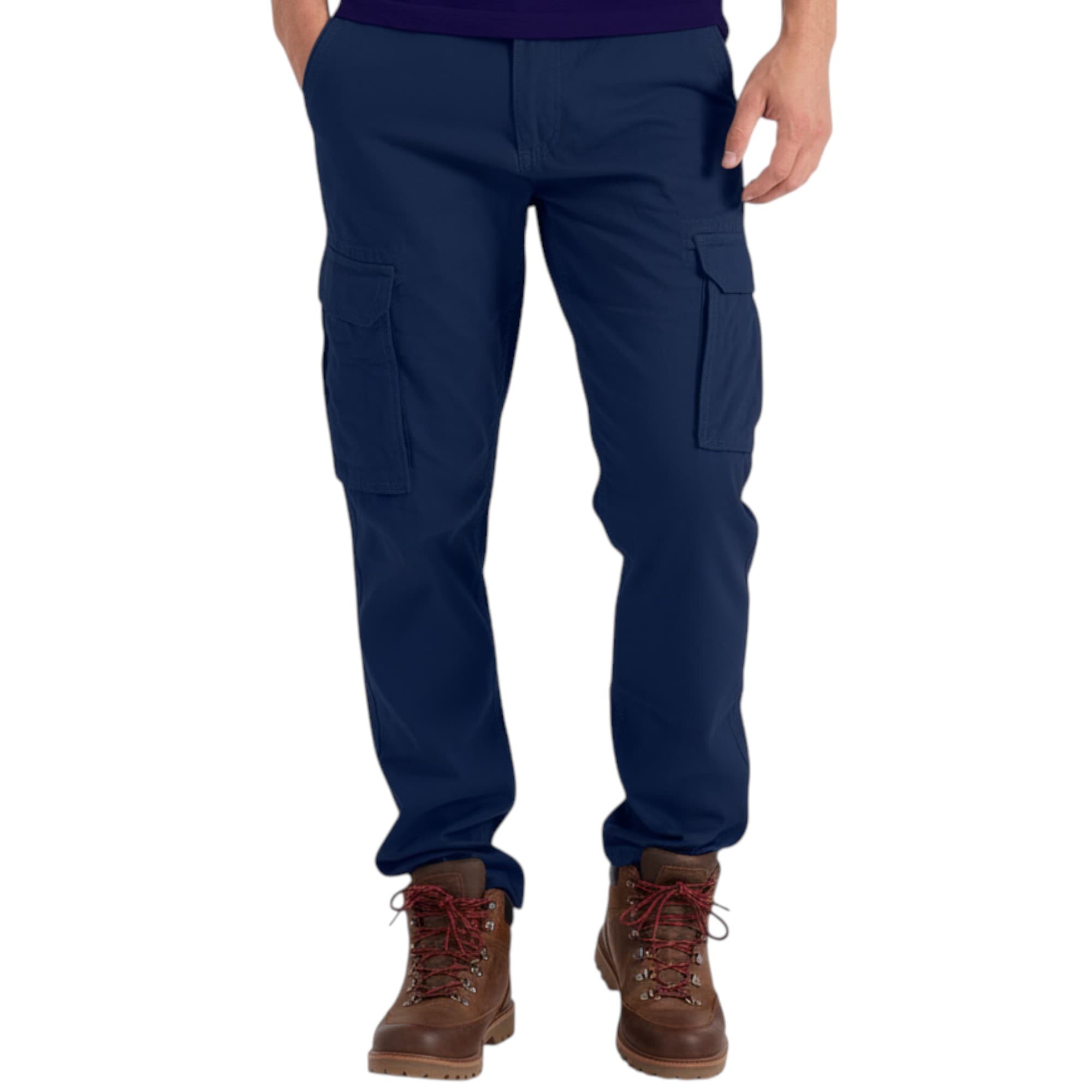 London Look navy cargo trousers front view with tapered leg and six pockets