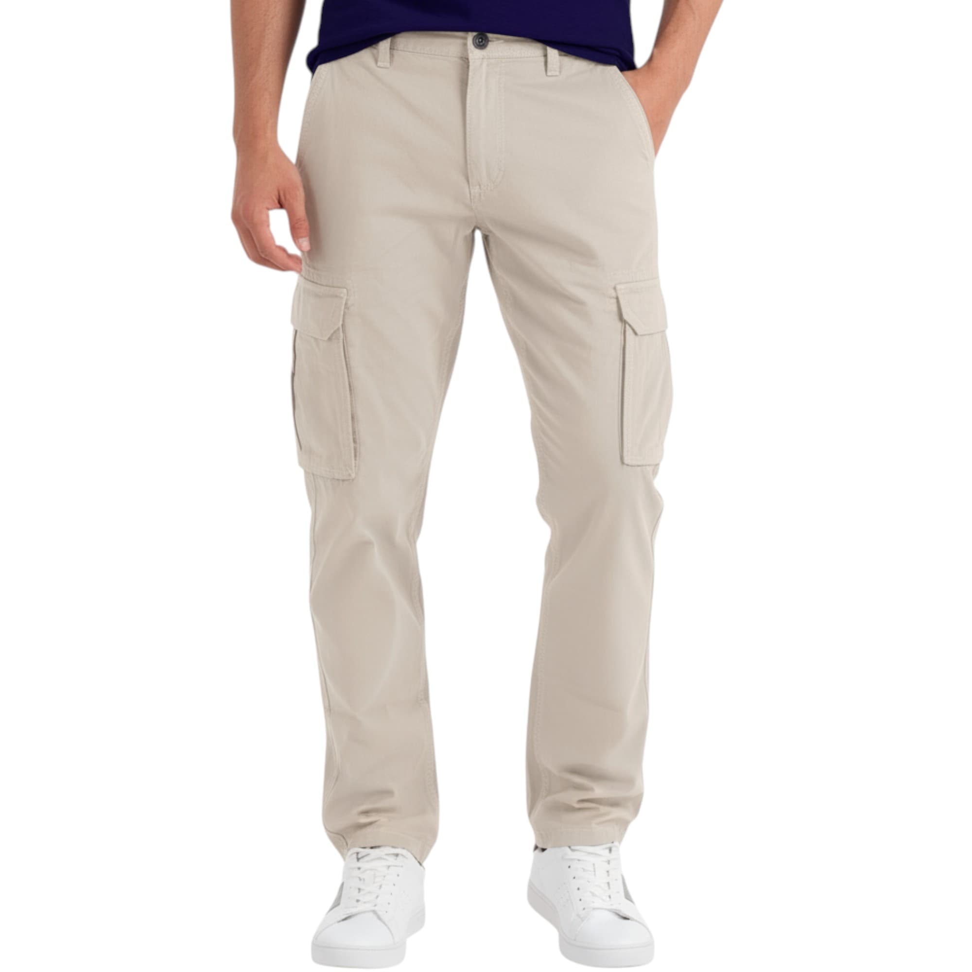 London Look beige cargo trousers front view, regular fit with tapered leg