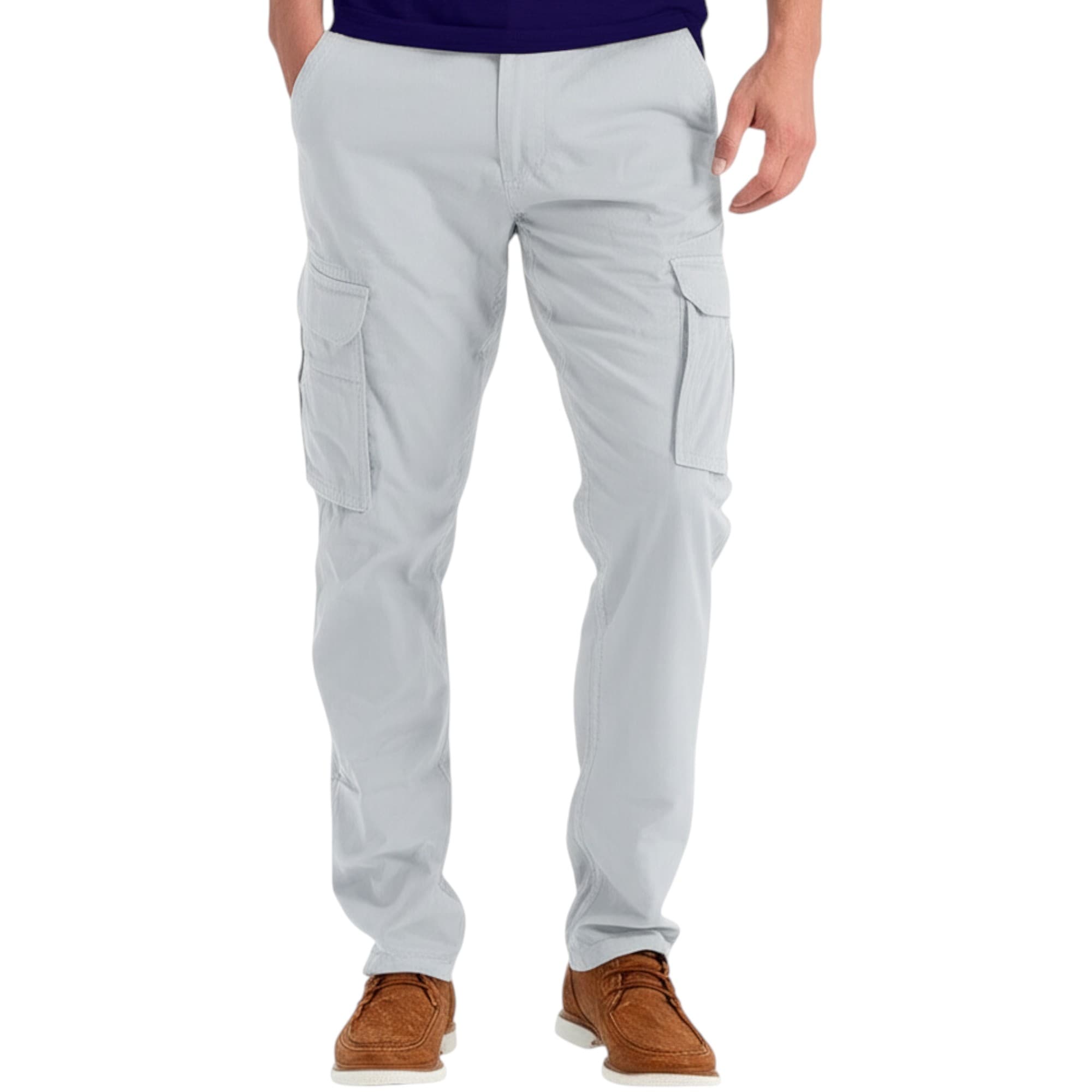 London Look men's grey cargo trousers front view, regular fit tapered leg
