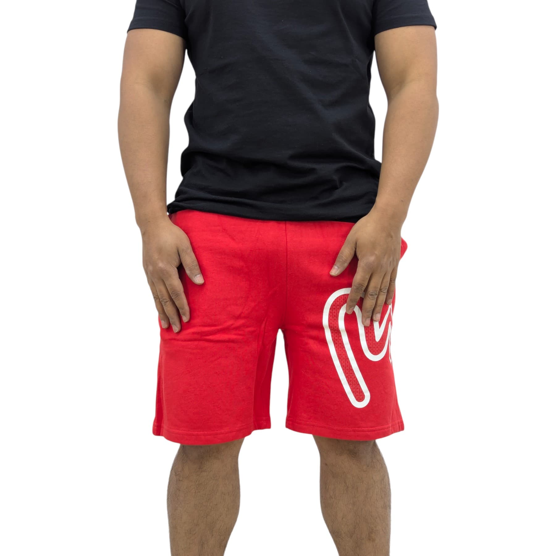 Money Clothing red mens shorts with front print and Ape logo branding