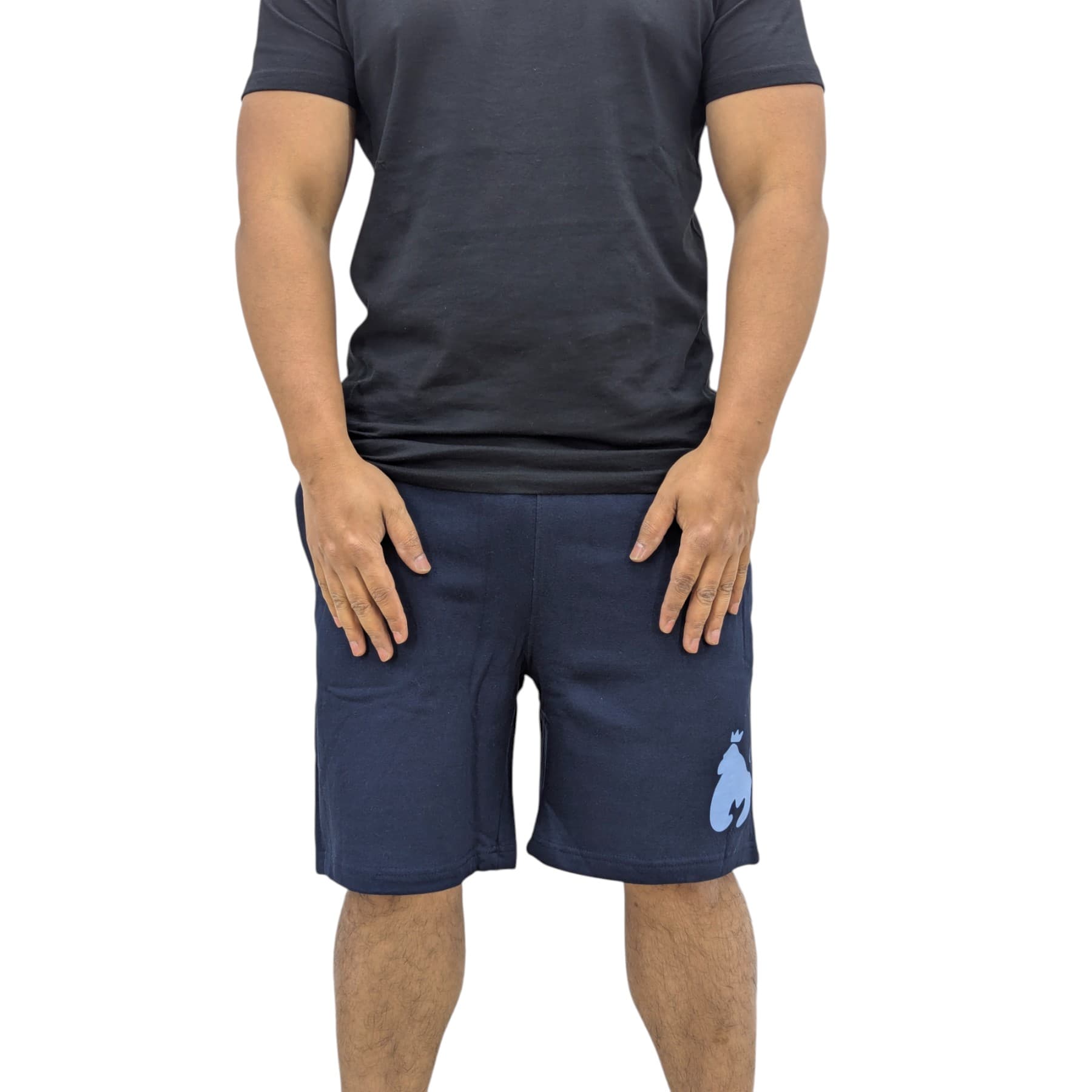 Money Clothing navy men's shorts front view with blue ape and crown logo on leg