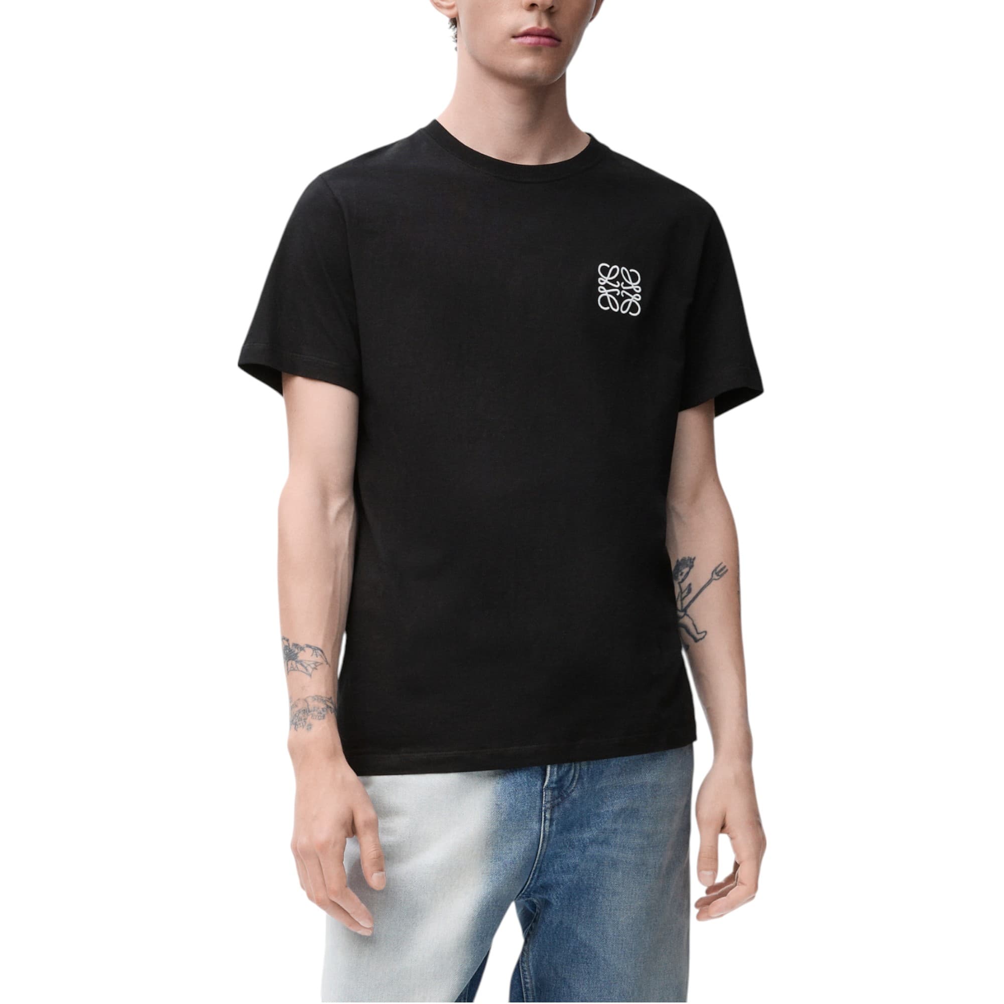 Loewe black men's T-shirt with two-tone Anagram embroidery on chest, front view
